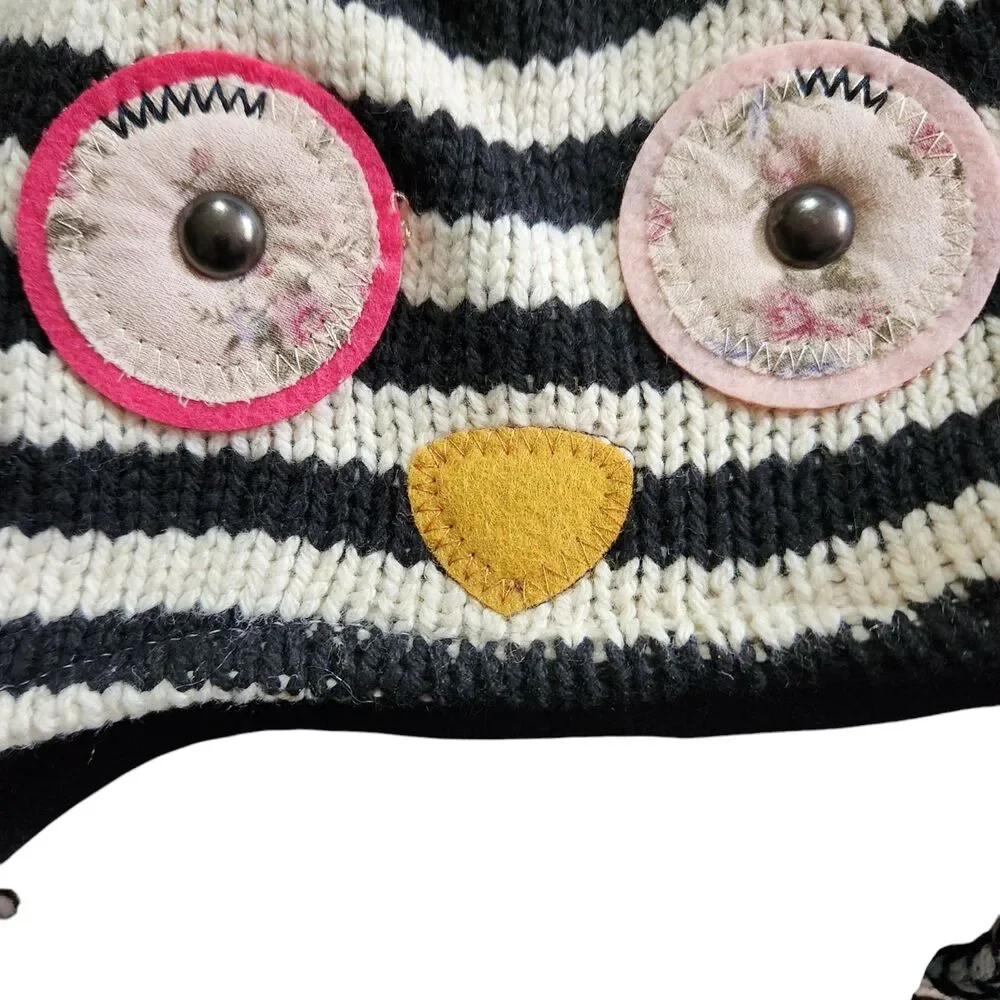 American Rag Cie Knit Beanie Striped Bird Fleece Lined Tassles Girls One Size